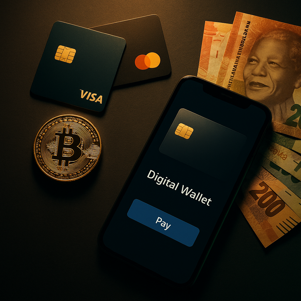 Various modern payment method icons including cards, crypto, and instant EFT used at new South African online casinos